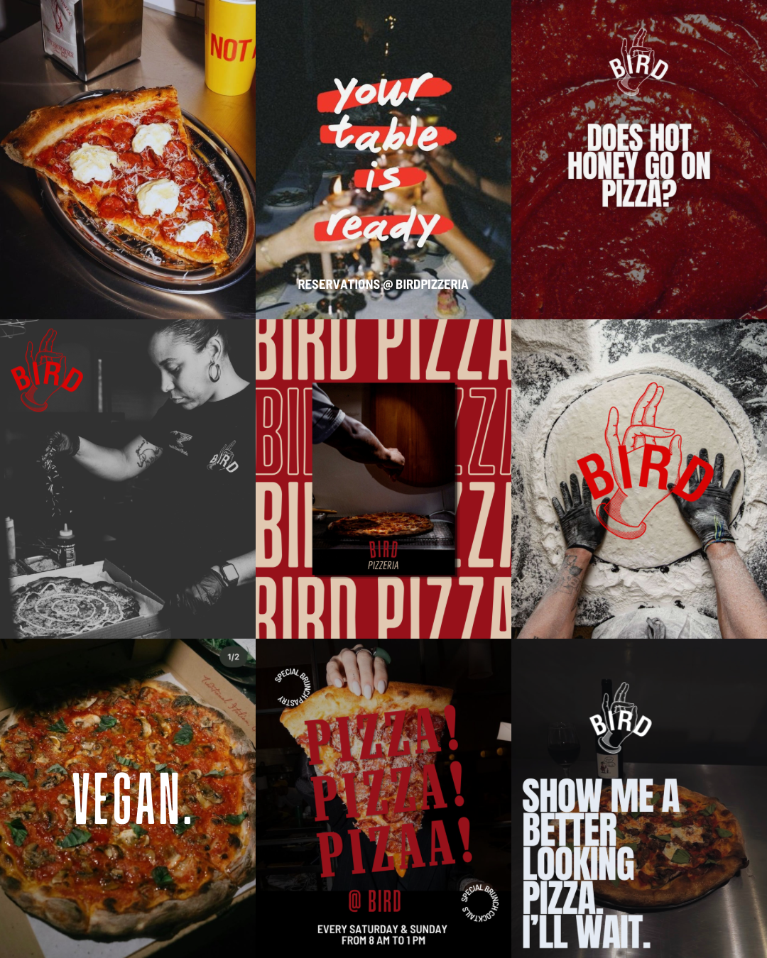 Collage of nine images advertising Bird Pizzeria, featuring pizzas, a person preparing pizza, promotional text, and branding elements.