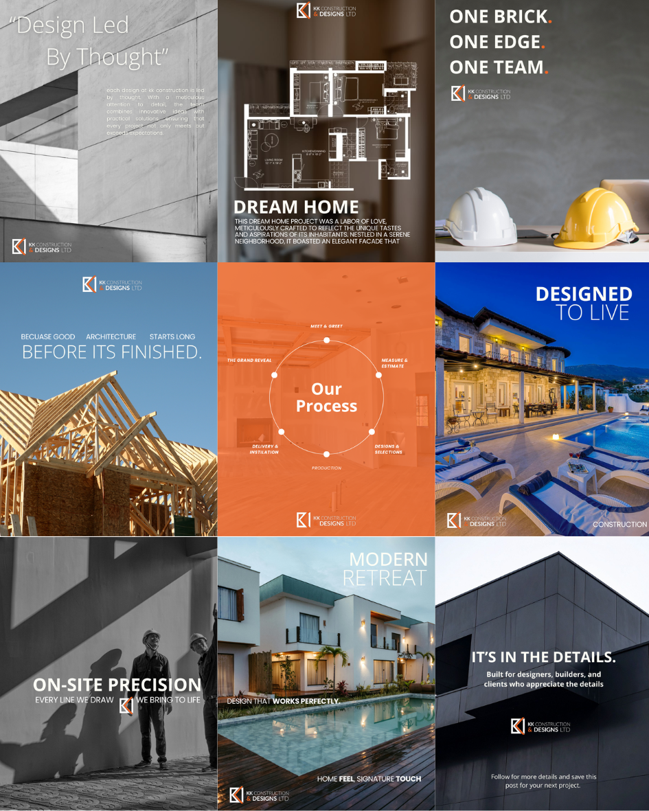 Collection of nine promotional images for KK Construction & Designs LTD showcasing architectural plans, construction process, and modern home designs.