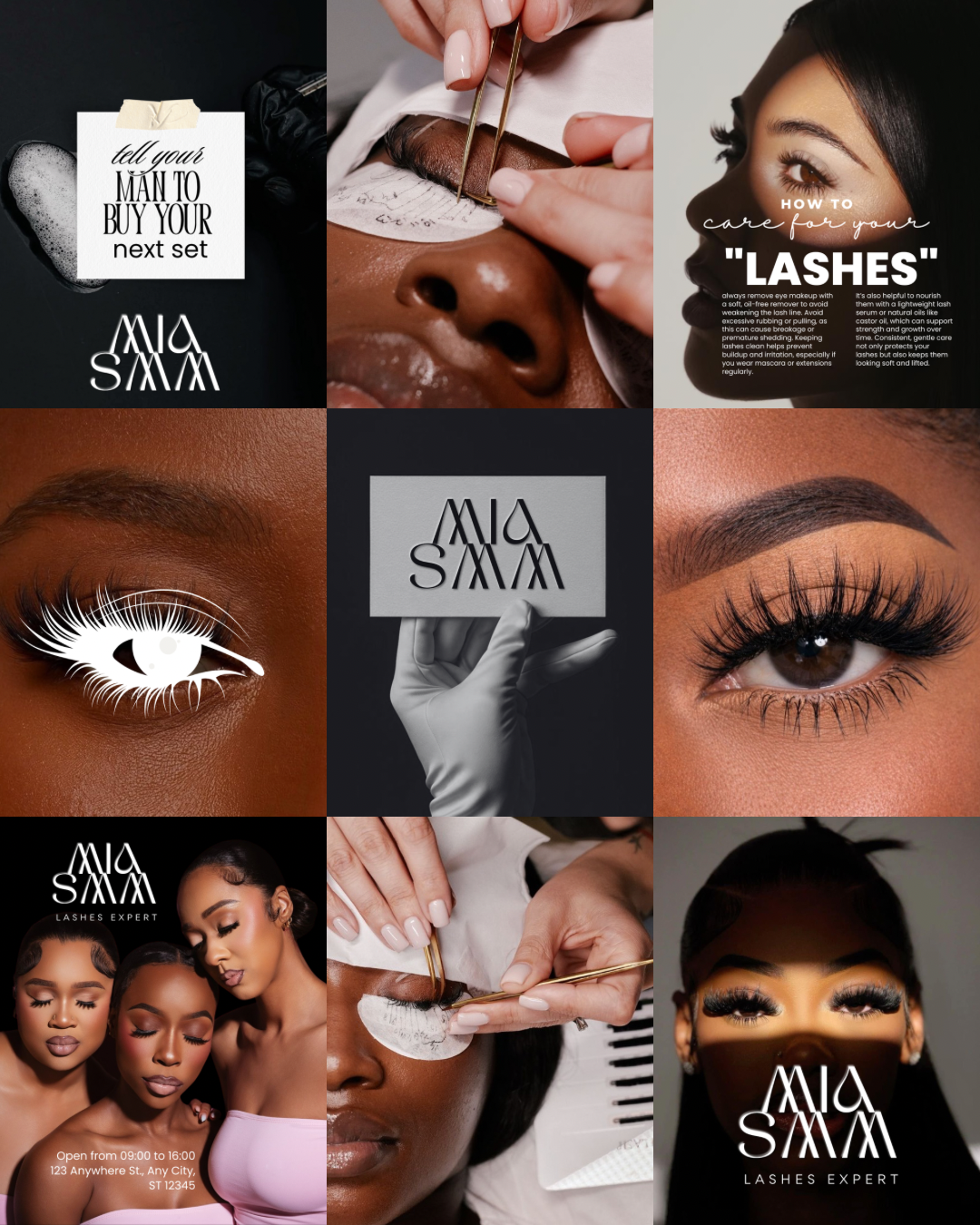 Collage of a beauty salon, featuring eye makeup, eyelash extensions, waxing, and a group of women with styled hair and makeup. Includes promotional text for Mia Saim, a lashes expert.