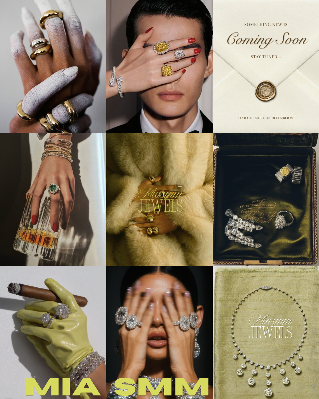 Collage of images featuring jewelry and jewelry models, displaying rings, necklaces, and earrings, with some text promoting jewelry brand Miasm Jewels and upcoming product launch.