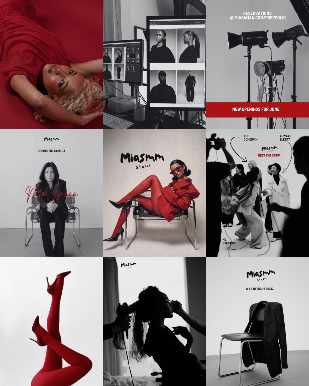 Collage of nine images showcasing behind-the-scenes photos of a photo studio, including a model lying on a red background, photography equipment and setup, a model seated in a chair, and a woman having her hair styled, with text indicating studio bra