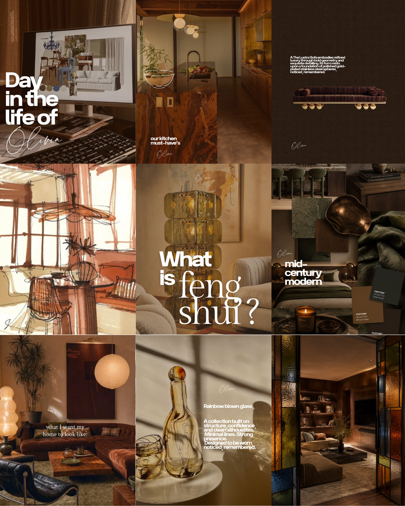 Collage of interior design elements, including furniture, lighting, and decor in a warm, modern style with text overlay about Feng Shui and home aesthetics.