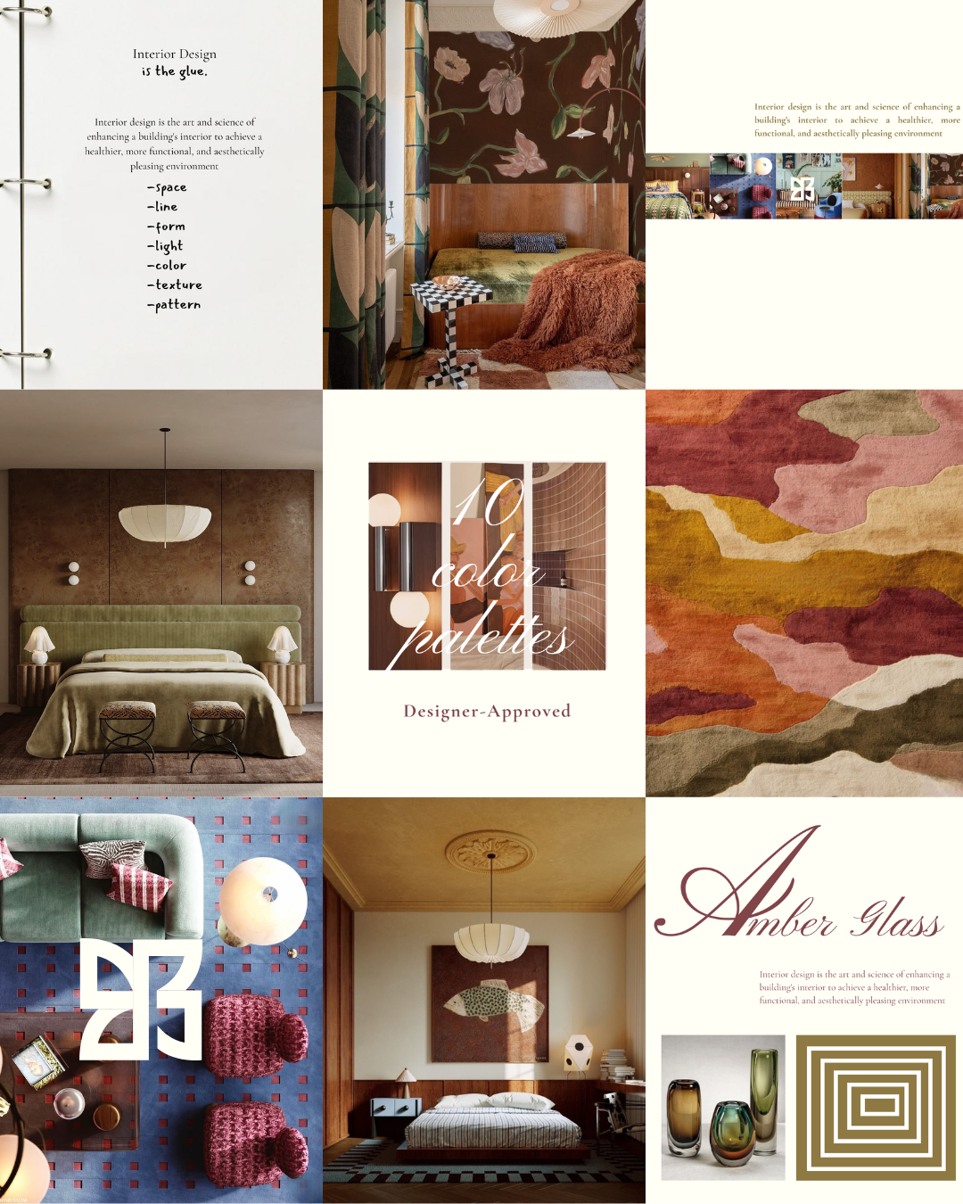 Collage of images showcasing interior design concepts, color palettes, and furniture arrangements, with texts about interior design, color palettes, and amber glass decor.