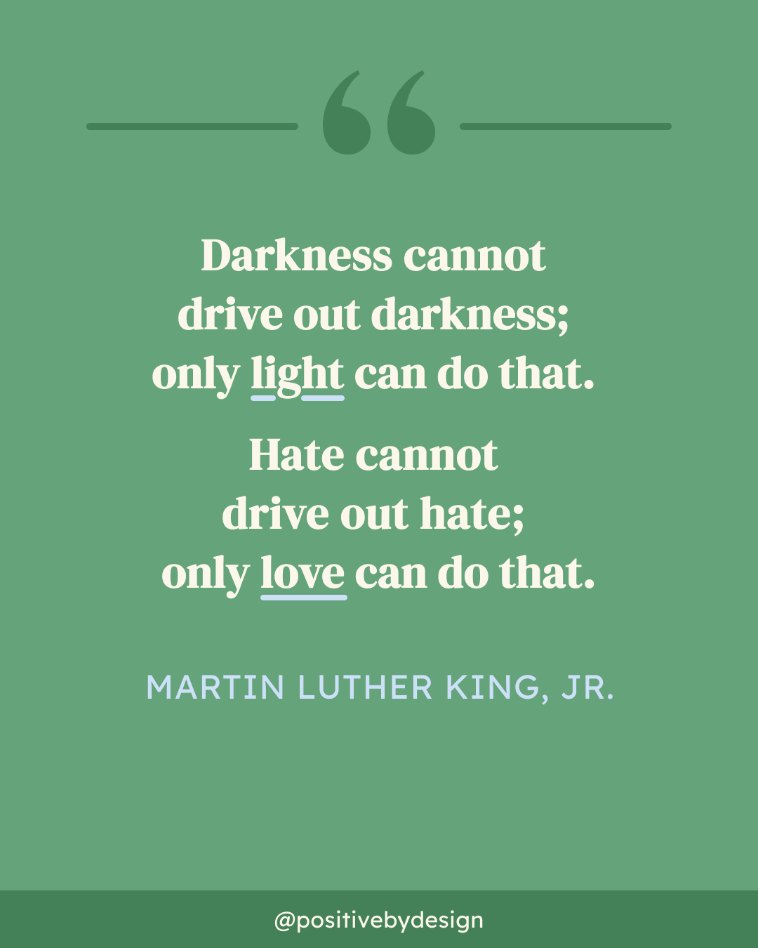 Darkness cannot drive out darkness; only light can do that. Hate cannot drive out hate; only love can do that. -Martin Luther King, Jr.