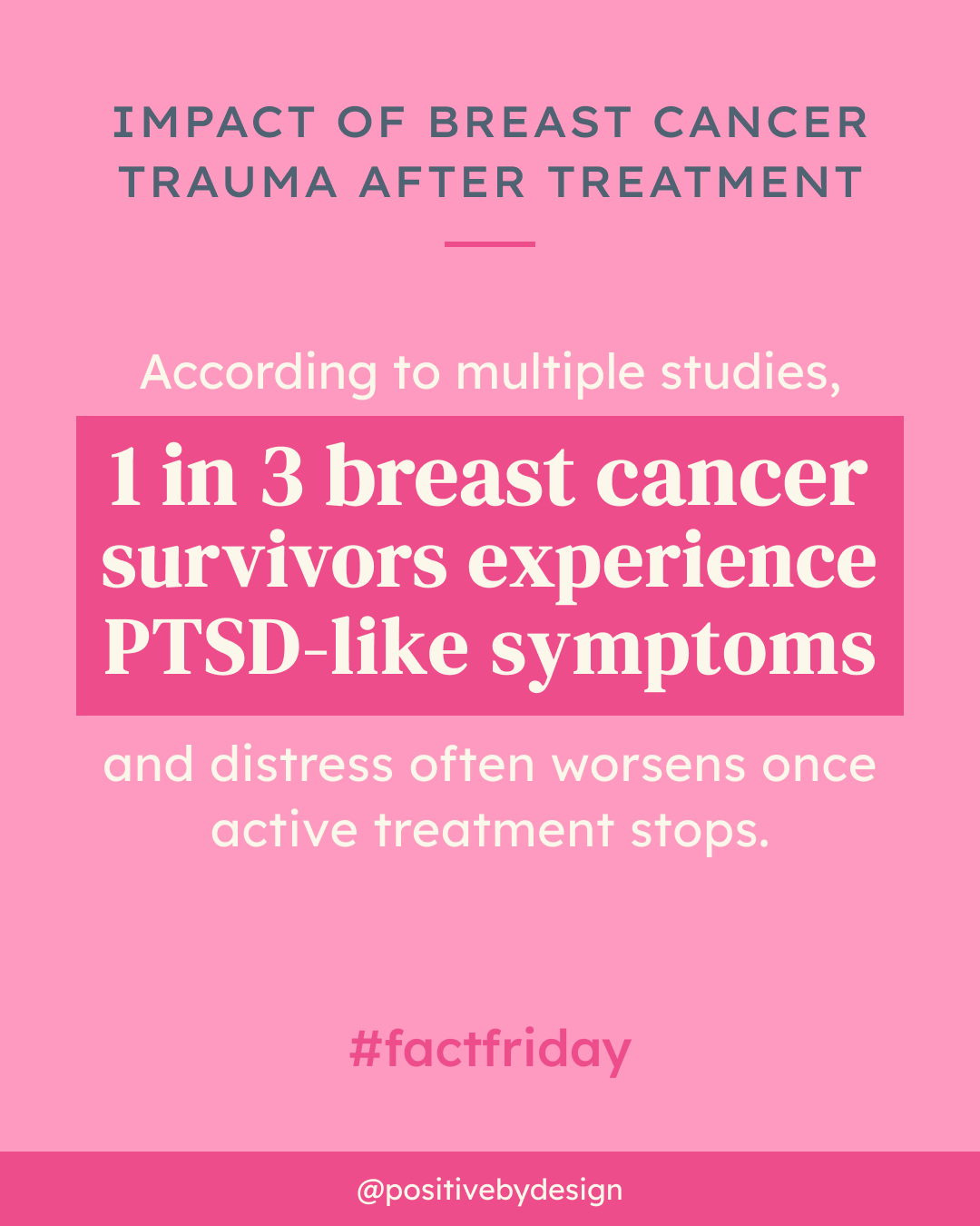 According to multiple studies, 1 in 3 breast cancer survivors experience PTSD-like symptoms and distress often worsens once active treatment stops