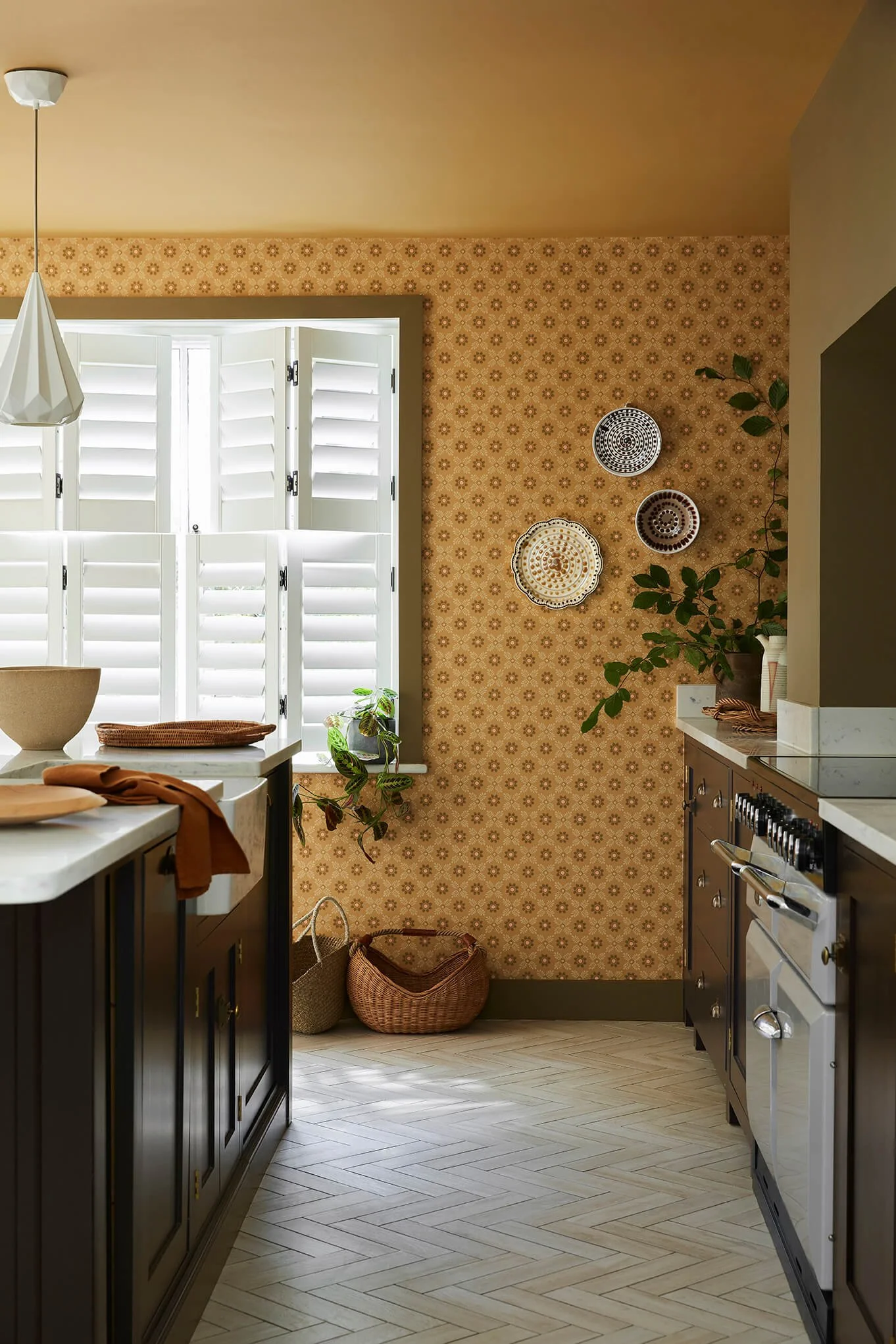 A cozy kitchen with a patterned wallpaper wall, white shutters on the window, dark cabinetry, a white oven, and decorative plates on the wall. There are baskets on the floor and a potted plant near the window.