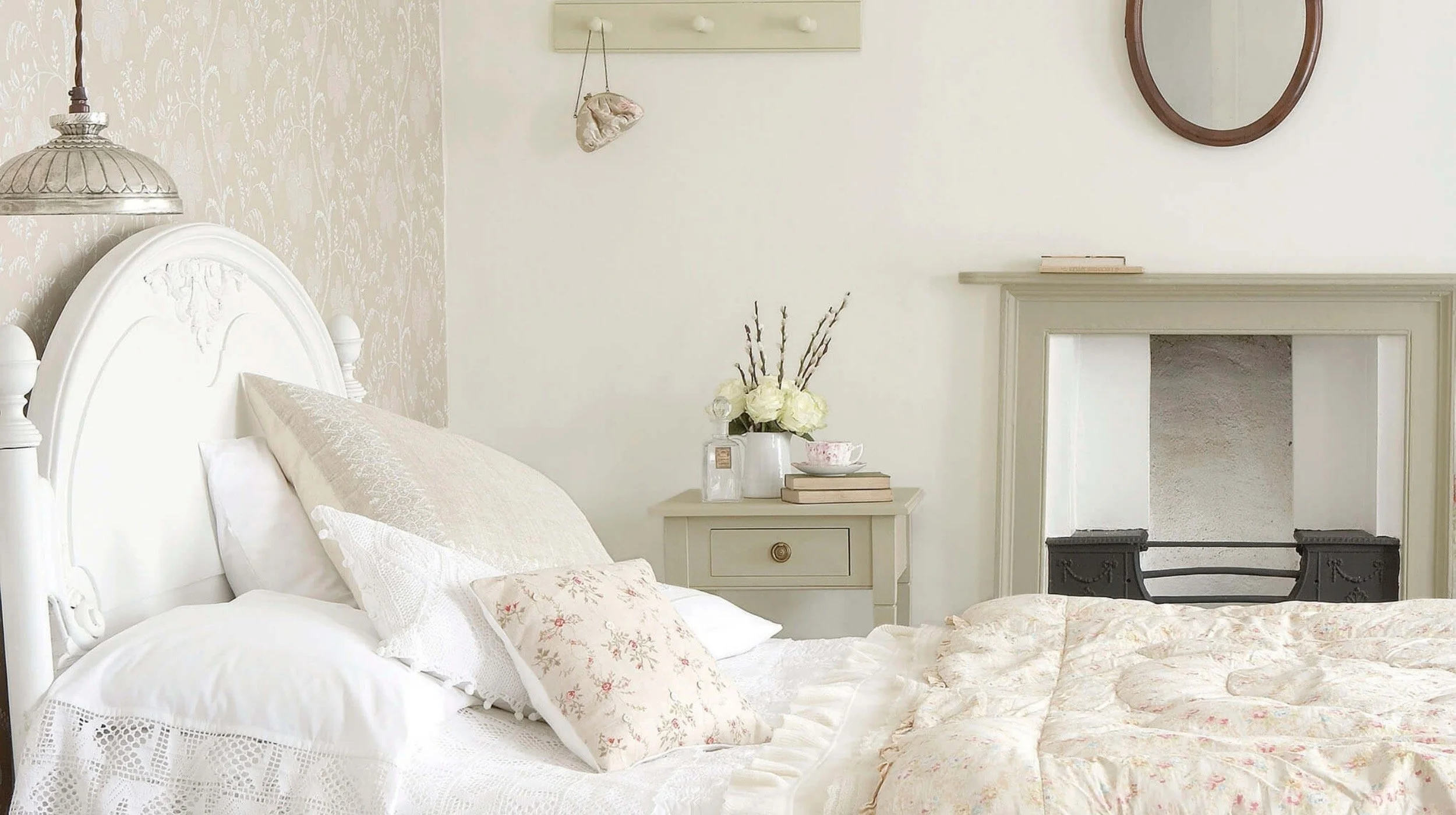 Little Greene Portland Stone paint colour in a white bedroom — Heritage Home Supply Chicago