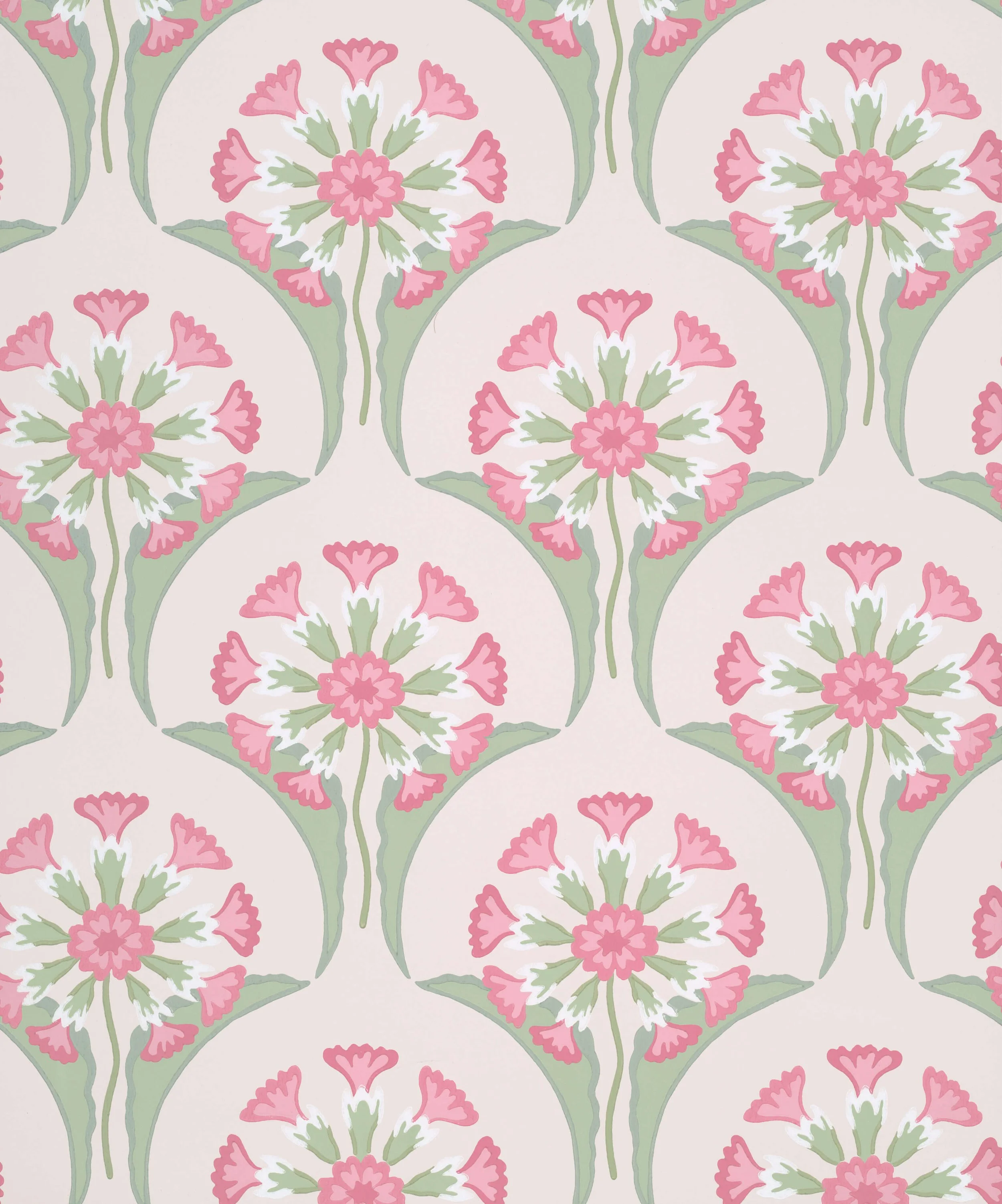 A seamless floral pattern featuring pink flowers with green leaves on a light background.