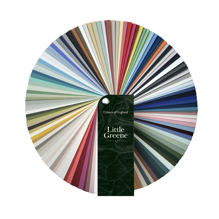Color swatch fan deck labeled "Colours of England" by Little Greene, featuring a wide range of paint colors from neutrals to vibrant shades