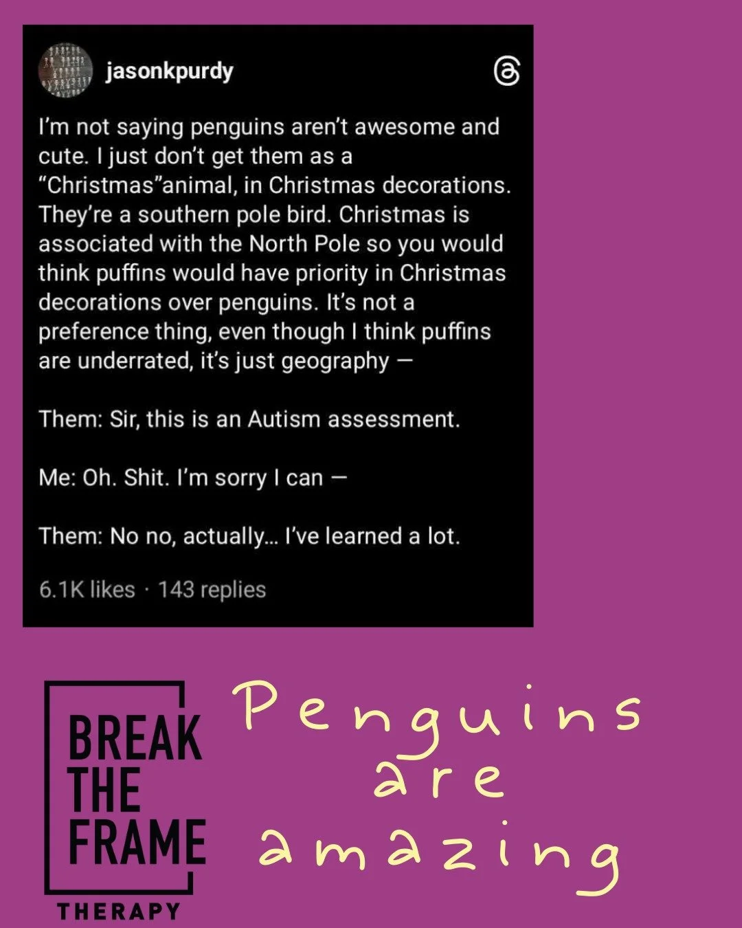 Neuroaffirming assesments for Autism/ADHD coming your way in 2026! Get on the list by emailing info@breaktheframetherapy.com
#Neuroaffirming #NeurodivergentTherapist #AuDHDTherapist #NeurodiversityAffirming #NeurodivergentCommunity