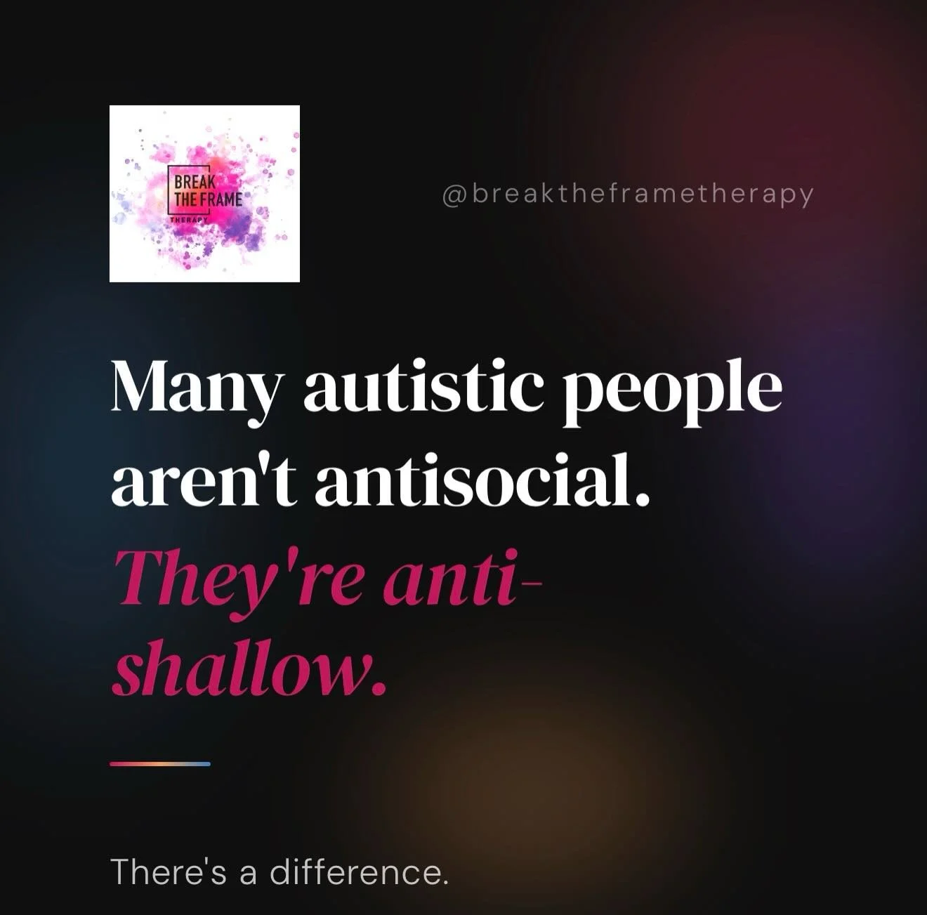 Many autistic people aren&rsquo;t antisocial.

They&rsquo;re anti-shallow.

There&rsquo;s a difference.

Depth. Meaning. Real connection.
That&rsquo;s not too much to ask for.
That&rsquo;s just knowing what you need.

Drop a 🖤 if you&rsquo;ve ever b