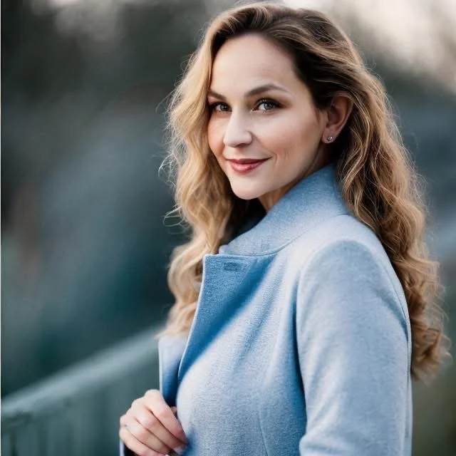 A woman with long, wavy blonde hair wearing a light blue coat, smiling in an outdoor setting with a blurred background.