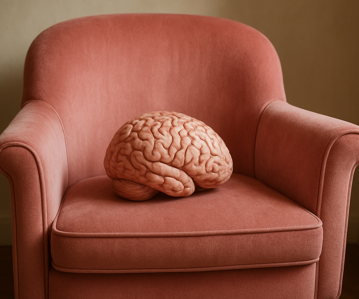 A large brain model resting on a pink upholstered armchair in a room with plain walls.