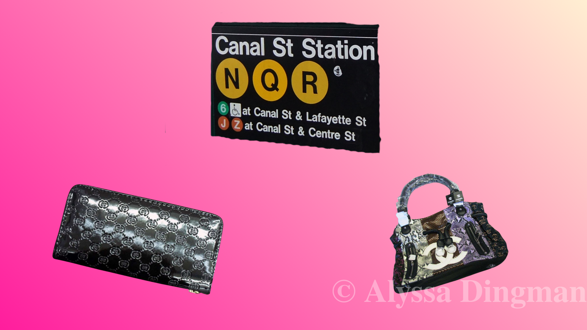 Collage of counterfeit goods and Canal Street subway station