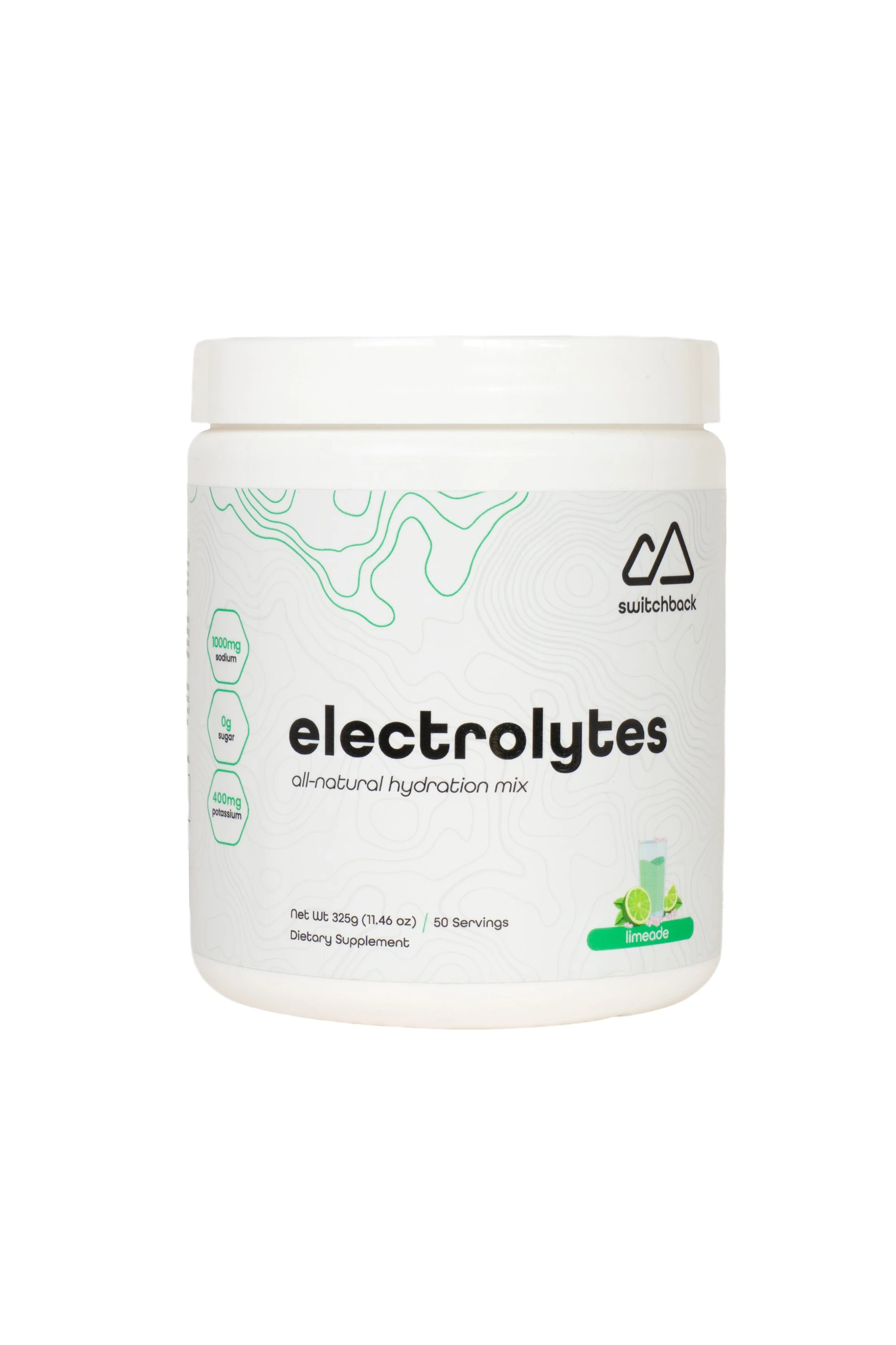 A container of Switchback electrolytes dietary supplement, labeled 'all-natural hydration mix' with limeade flavor, featuring nutritional details and a graphic of lime slices