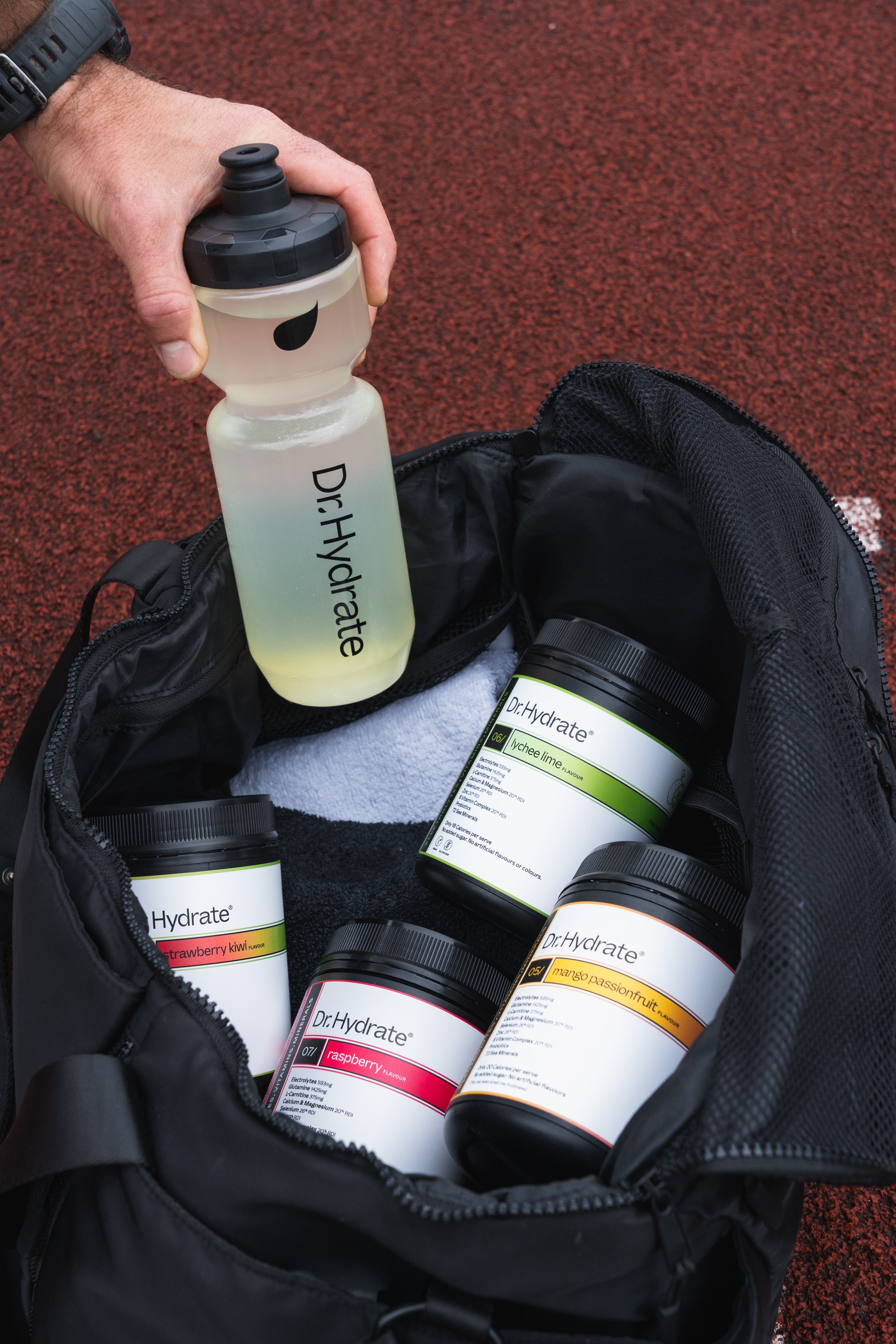 Dr. Hydrate electrolytes in gym bag at running track