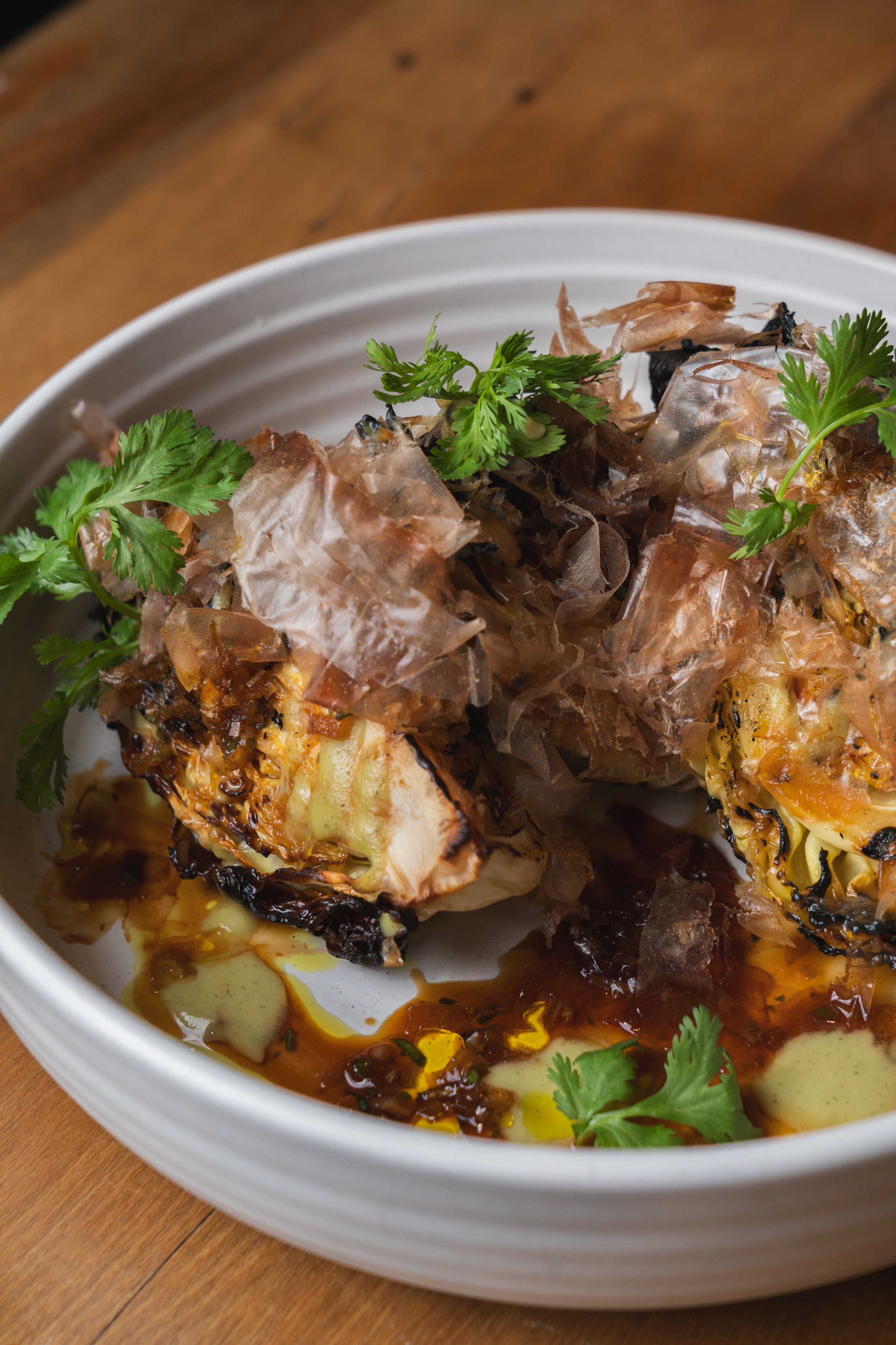Chargrilled cabbage with wasabi and bonito flakes