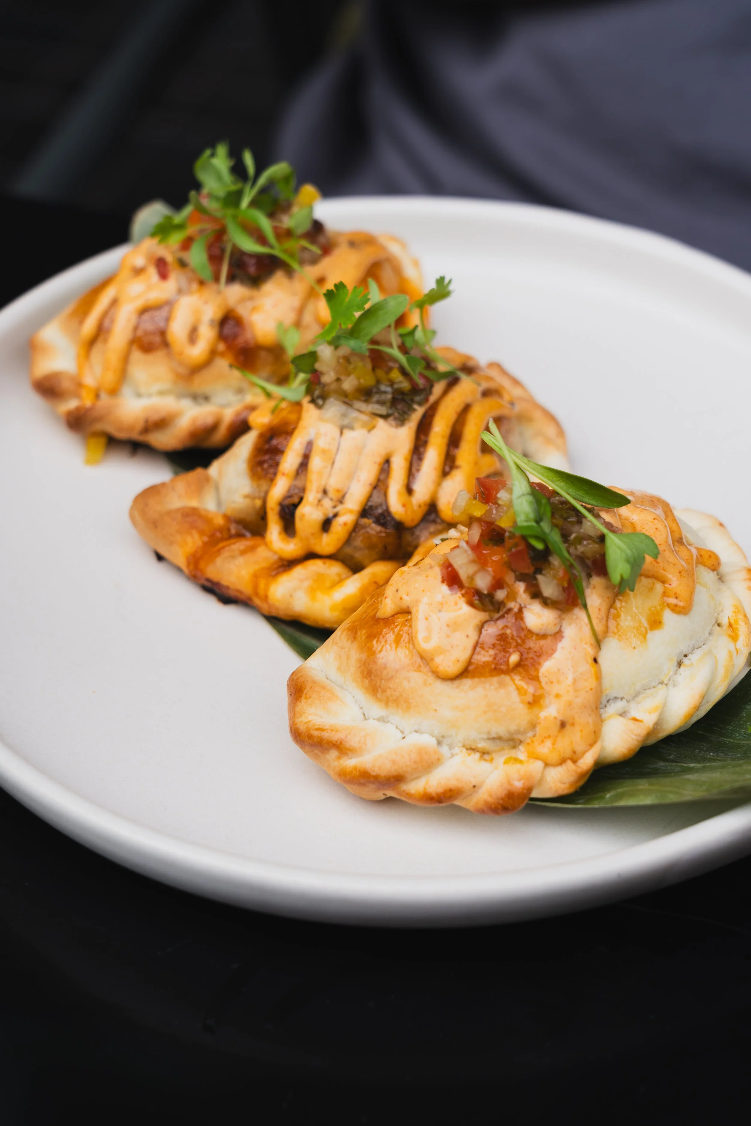 Lamb empanadas with chipotle sauce, salsa, and micro greens