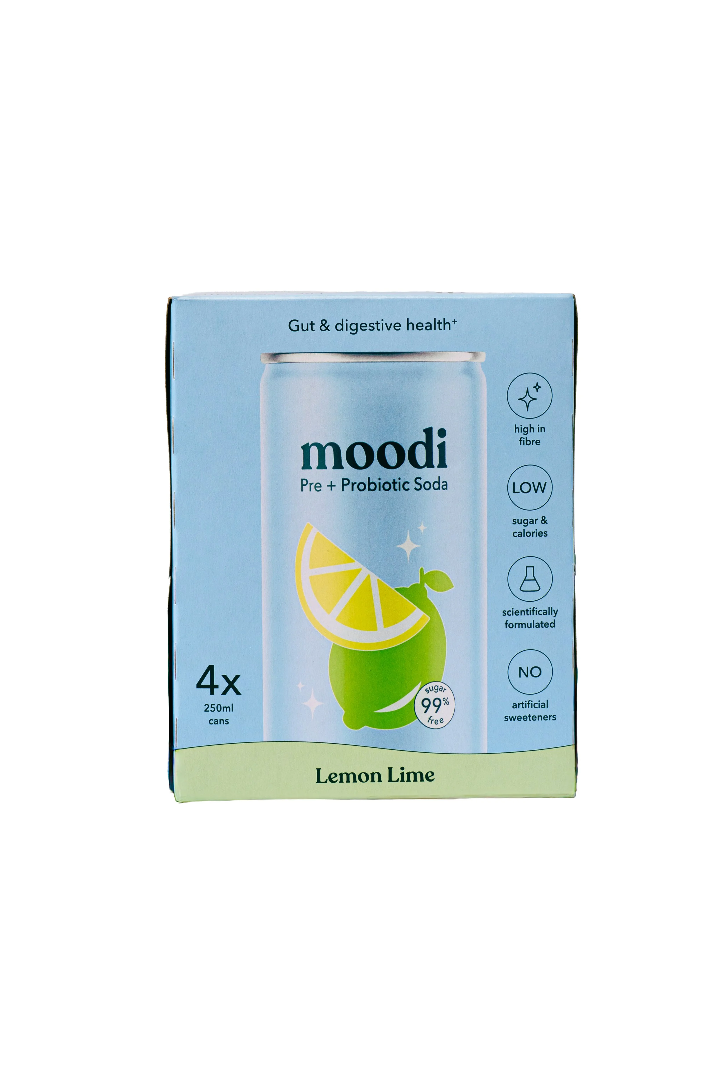 Box of moodi Lemon Lime Pre + Probiotic Soda with 4 cans, 250ml each, emphasizing gut and digestive health, highlighting high fiber, low sugar and calories, scientifically formulated, and free from artificial sweeteners.