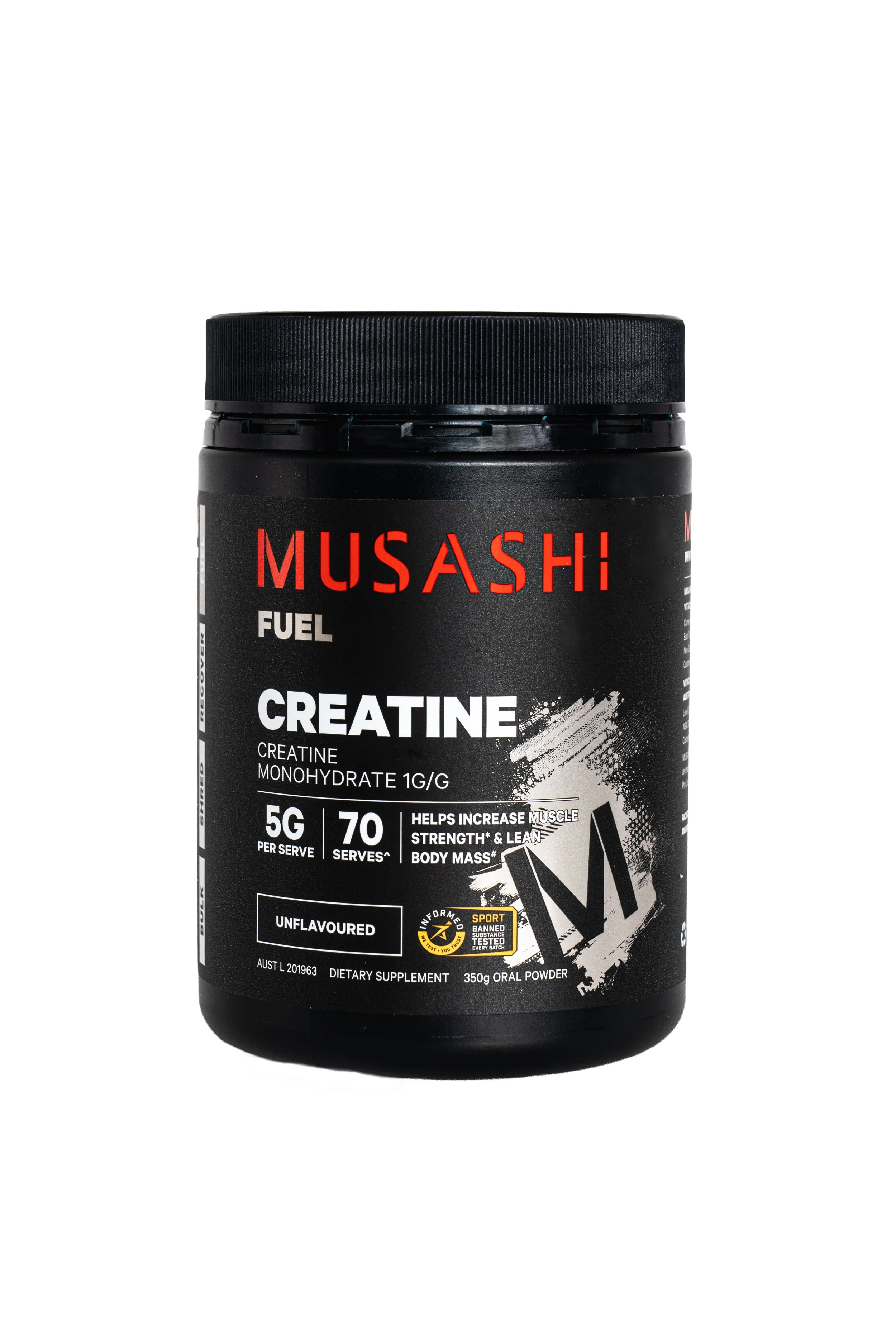 Black container of Musashi fuel creatine powder, labeled as unflavored, with nutritional info and branding details.