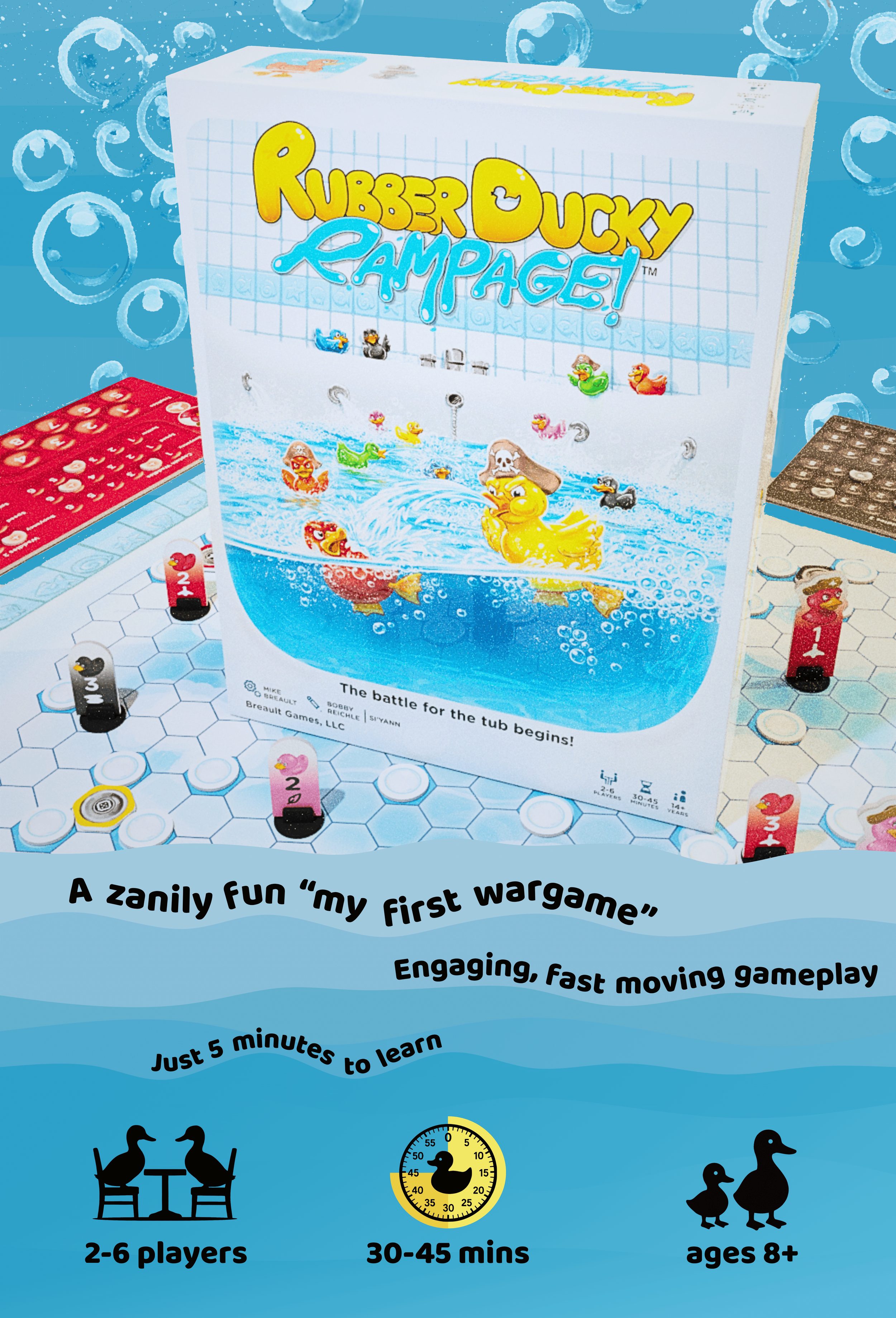 Rubber Ducky Rampage! game box and board. 2-6 players. Ages 8+