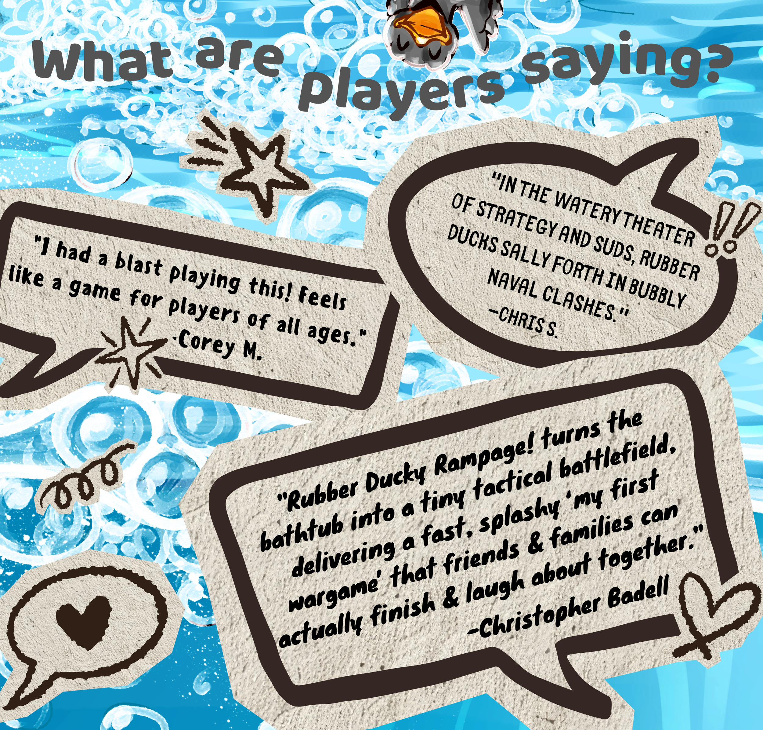Positive player reviews for Rubber Ducky Rampage praising the fun, fast family gameplay it offers