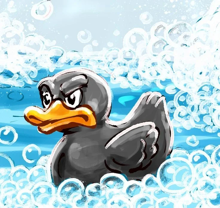 Black rubber ducky looking ready to rumble