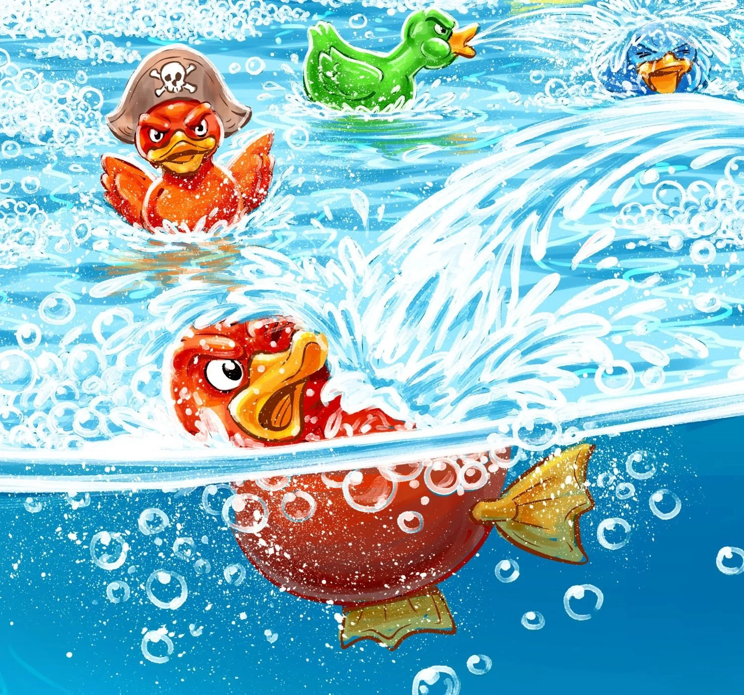 Red rubber ducky sinking after getting sprayed