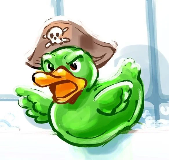 Angry green rubber ducky in a pirate hat