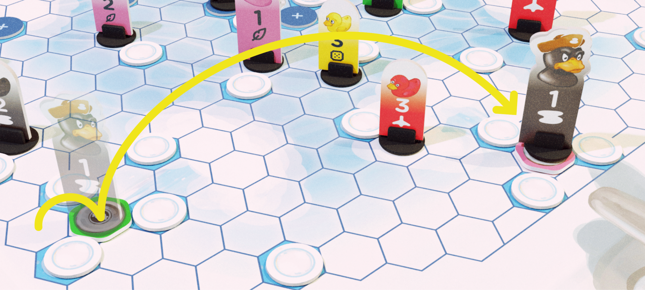 Black Captain Ducky using a spout to teleport across the game board
