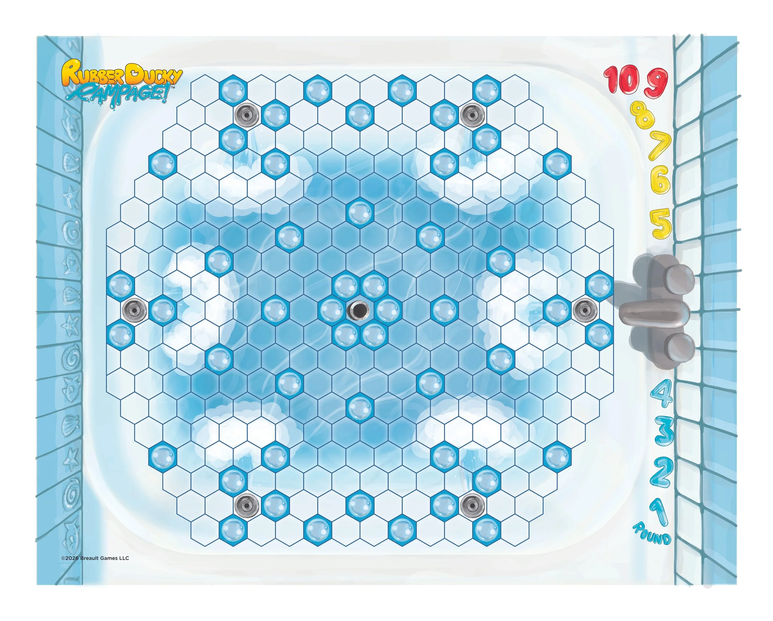 Overhead view of "Rubber Ducky Rampage!" game board representing a bathtub of bubble-filled water, split into hexagonal tiles which players will battle to control.