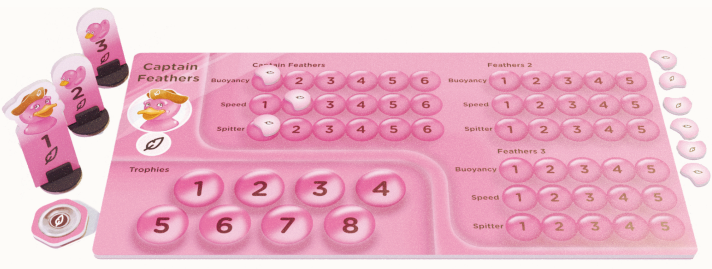 Pink player board showing stat markers, drain marker, and pink ducky standups