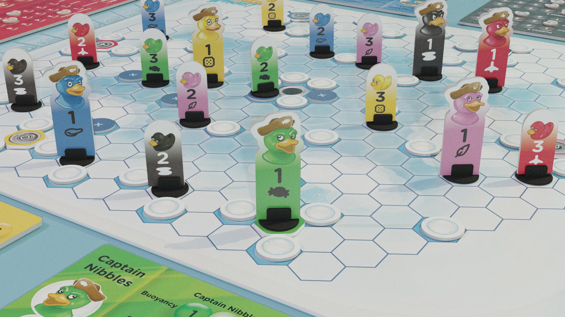 Close-up of "Rubber Ducky Rampage!" game pieces - cardboard pop-outs on plastic stands, with one color assigned to each player.