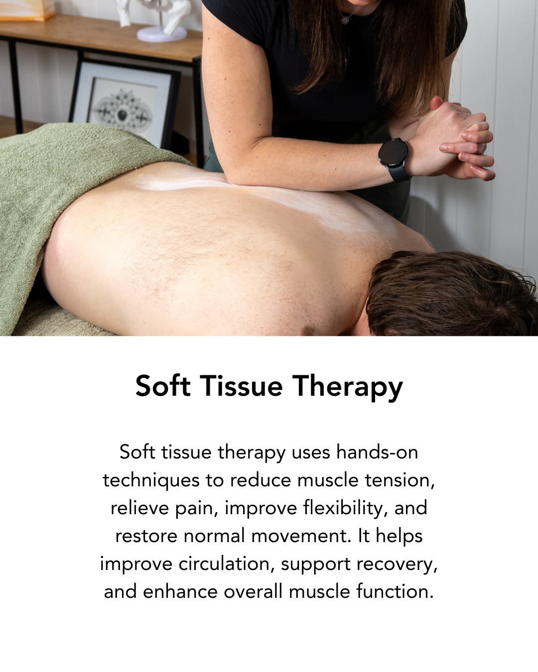 A person receiving soft tissue therapy on their back, with a therapist using hands-on techniques to massage and relieve muscle tension.