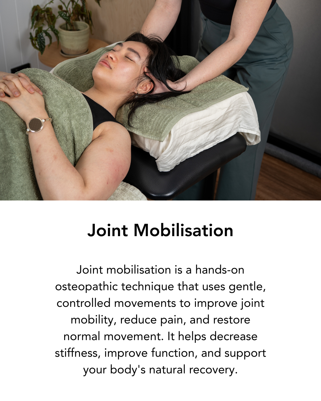A person lying on their side receiving a joint mobilization treatment from a healthcare professional, who is applying gentle controlled movements to the ankle joint.