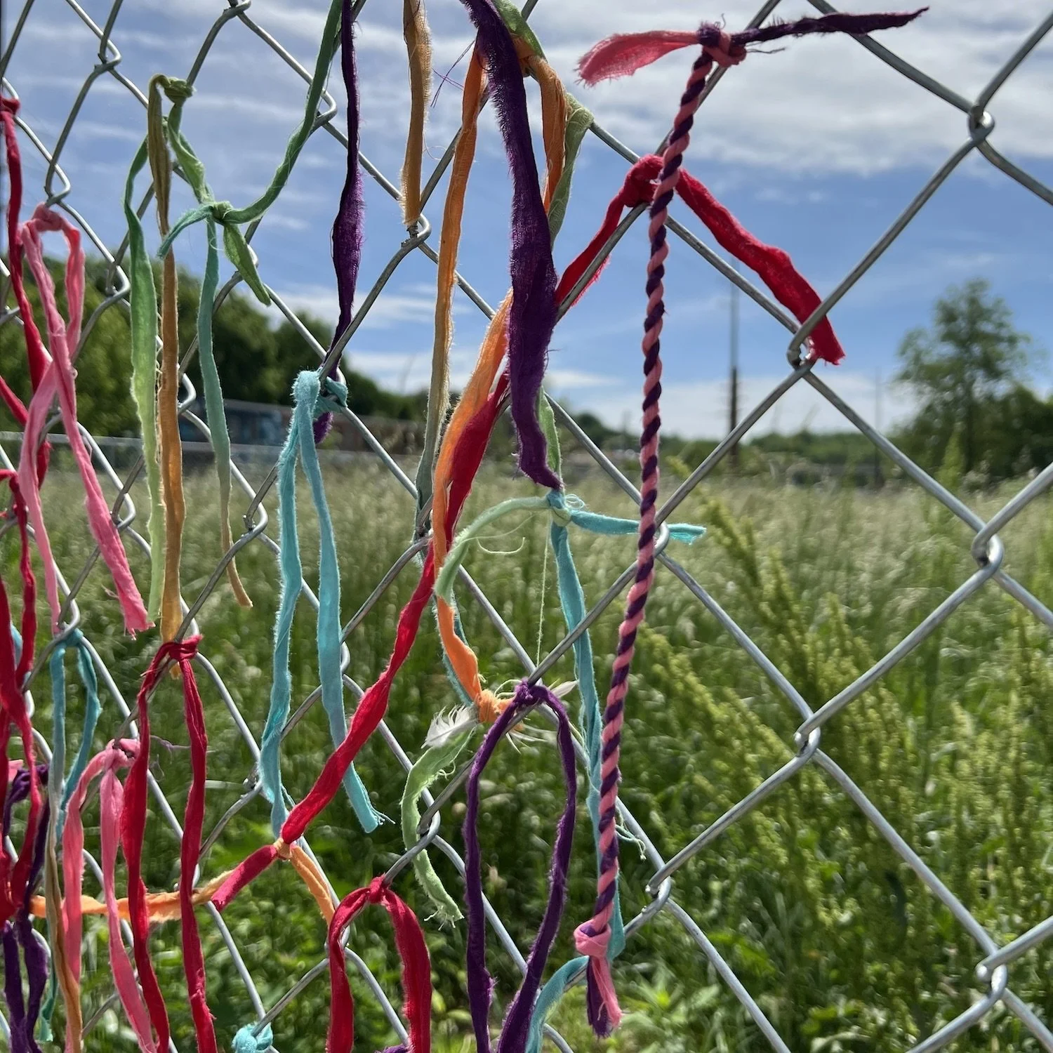 5/18/25 – Day 0: Detail— The first grouping of brightly colored fabric tied to the fence during the May 2025 community gathering. The colors faded quickly in the elements.
