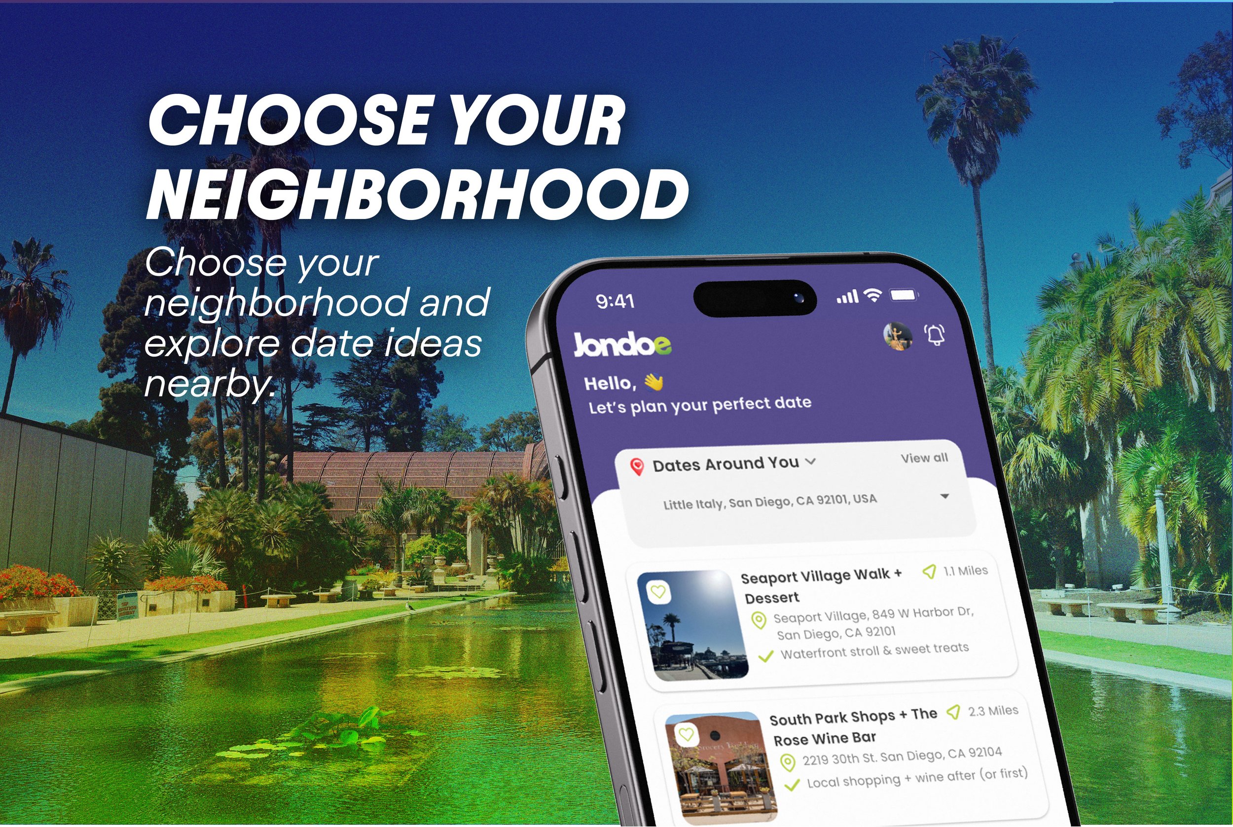 A promotional image for a dating app showing a smartphone screen with local date ideas, against a background of a park or garden with trees, a pond, and a clear blue sky.
