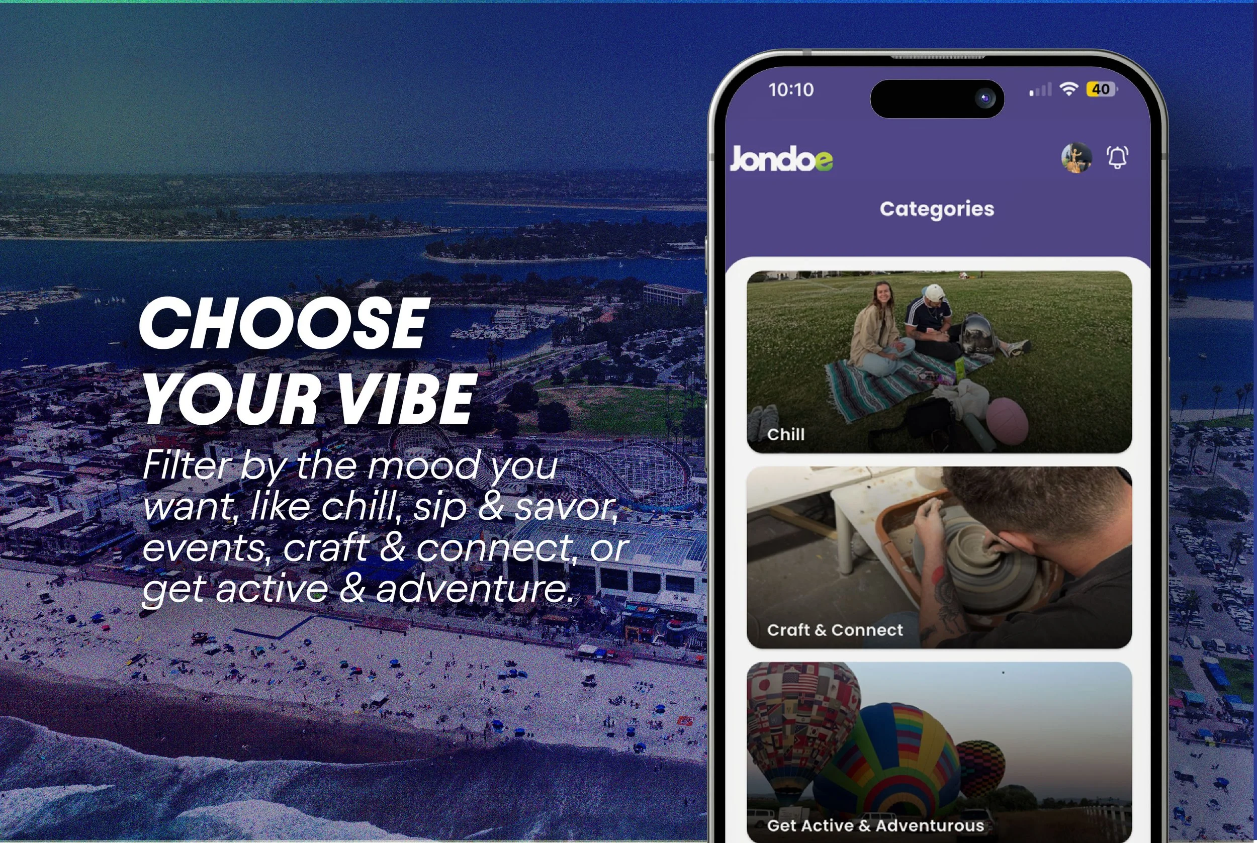 Mobile app screenshot showing categories such as Chill, Craft & Connect, and Get Active & Adventurous. Background image features a coastal town with a beach and pier at sunset.