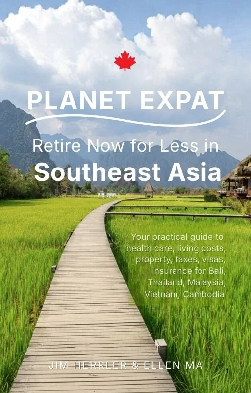 A scenic rural landscape with a wooden path through green fields, mountains in the background, and a partly cloudy sky. Overlaid text promotes retiring in Southeast Asia for lower living costs, with guide details for countries like Bali, Thailand, Malaysia, Vietnam, and Cambodia.