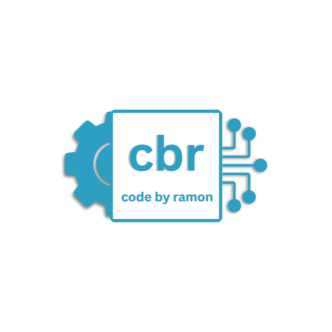 Logo with the letters "cbr" and the phrase "code by ramon," featuring a gear on the left and circuit lines on the right.