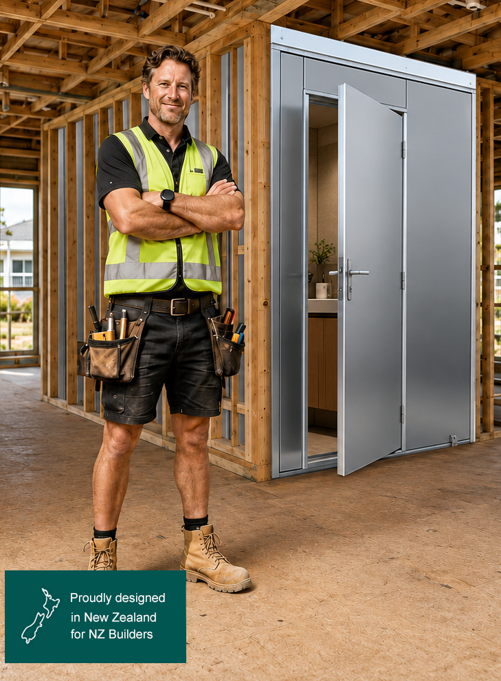 Builder  standing next to completed bathroom pod