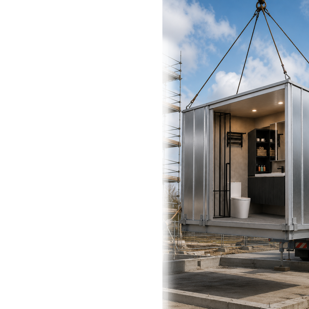 Fully assembled bathroom pod being delivered to site