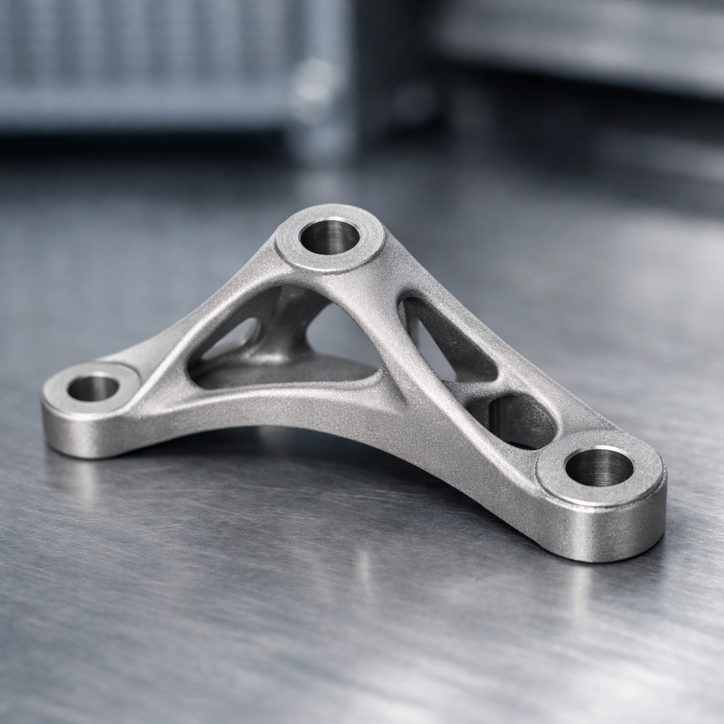 A metallic, triangular mechanical part with three circular holes, placed on a flat metallic surface.