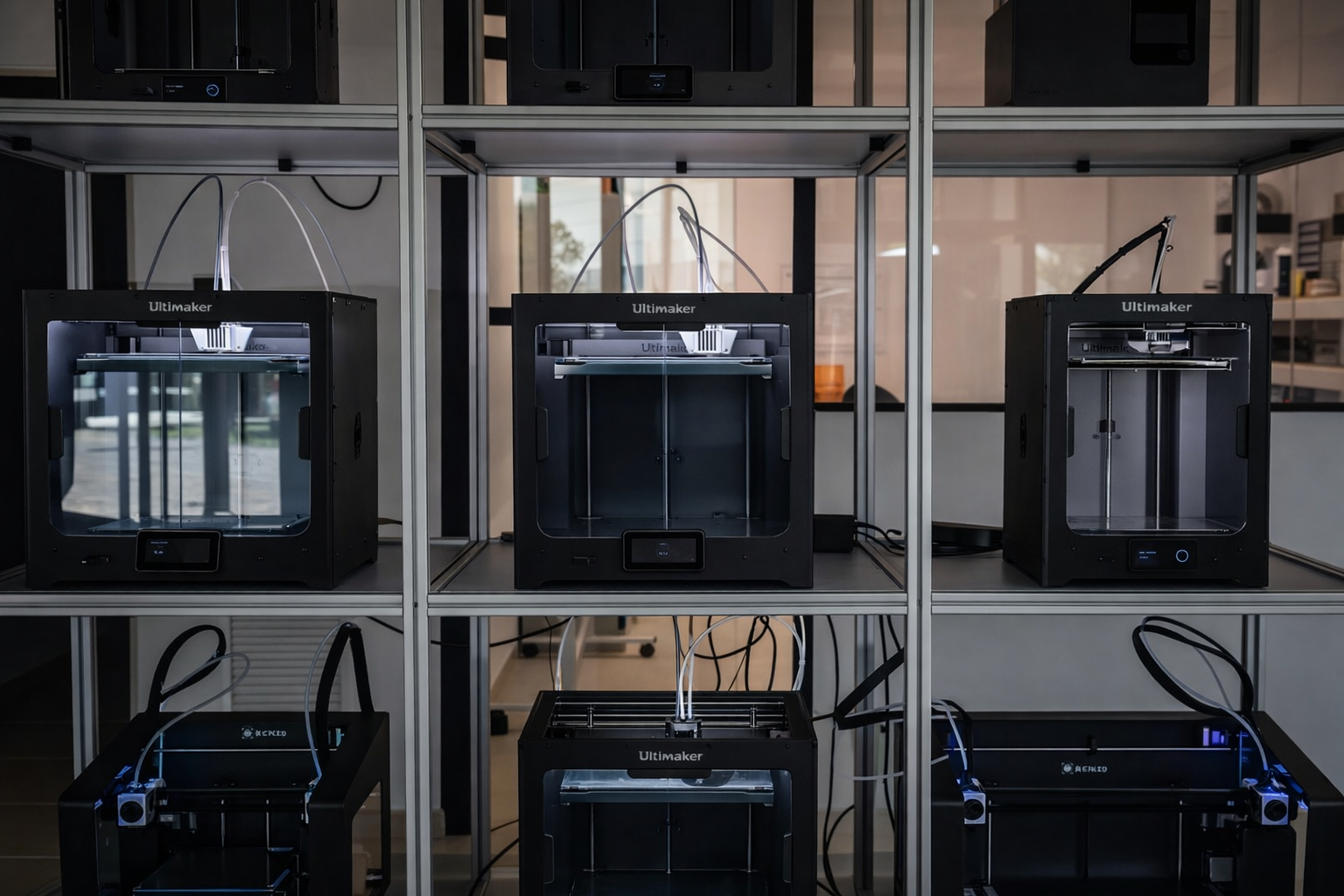 Four 3D printers are placed on a steel shelve, with three on the top row and one on the bottom. The printers are black, with some wires connected to them, situated in a room with large windows in the background.