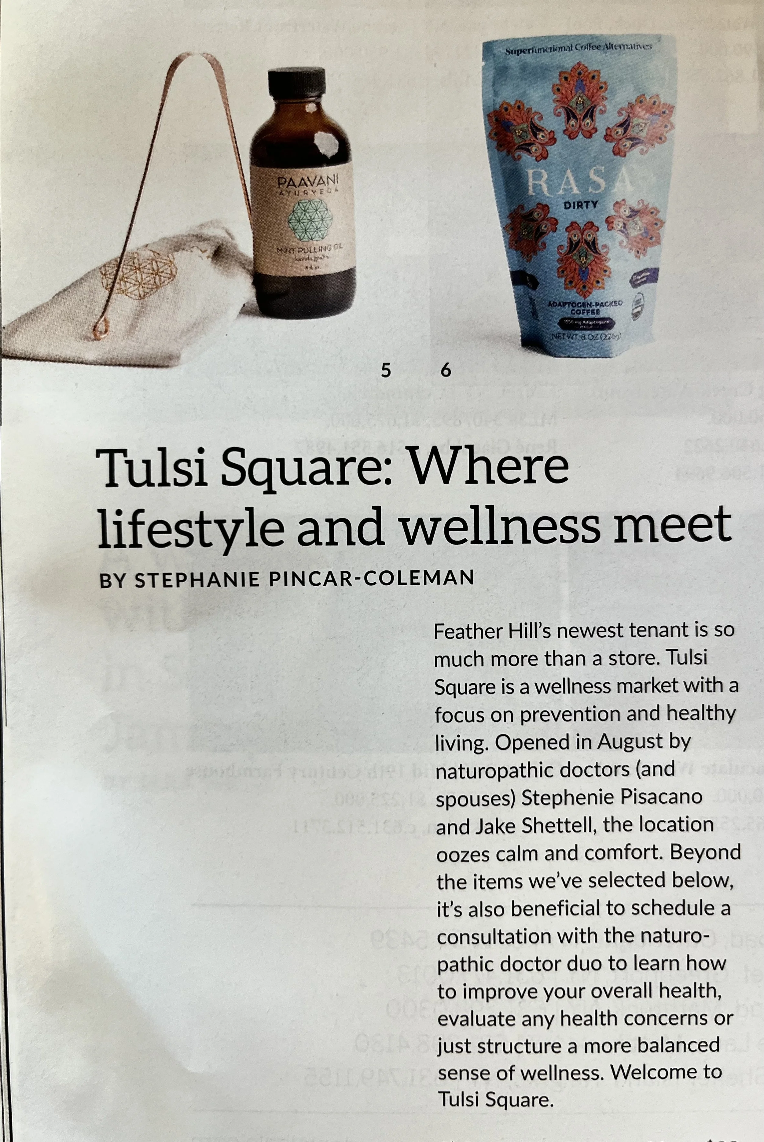 Naturopthic Health and Wellness Market Southold, NY d 'PAAVANI Ayurveda Mint Pullling Oil,' and a package of 'RASA Dirty' functional coffee