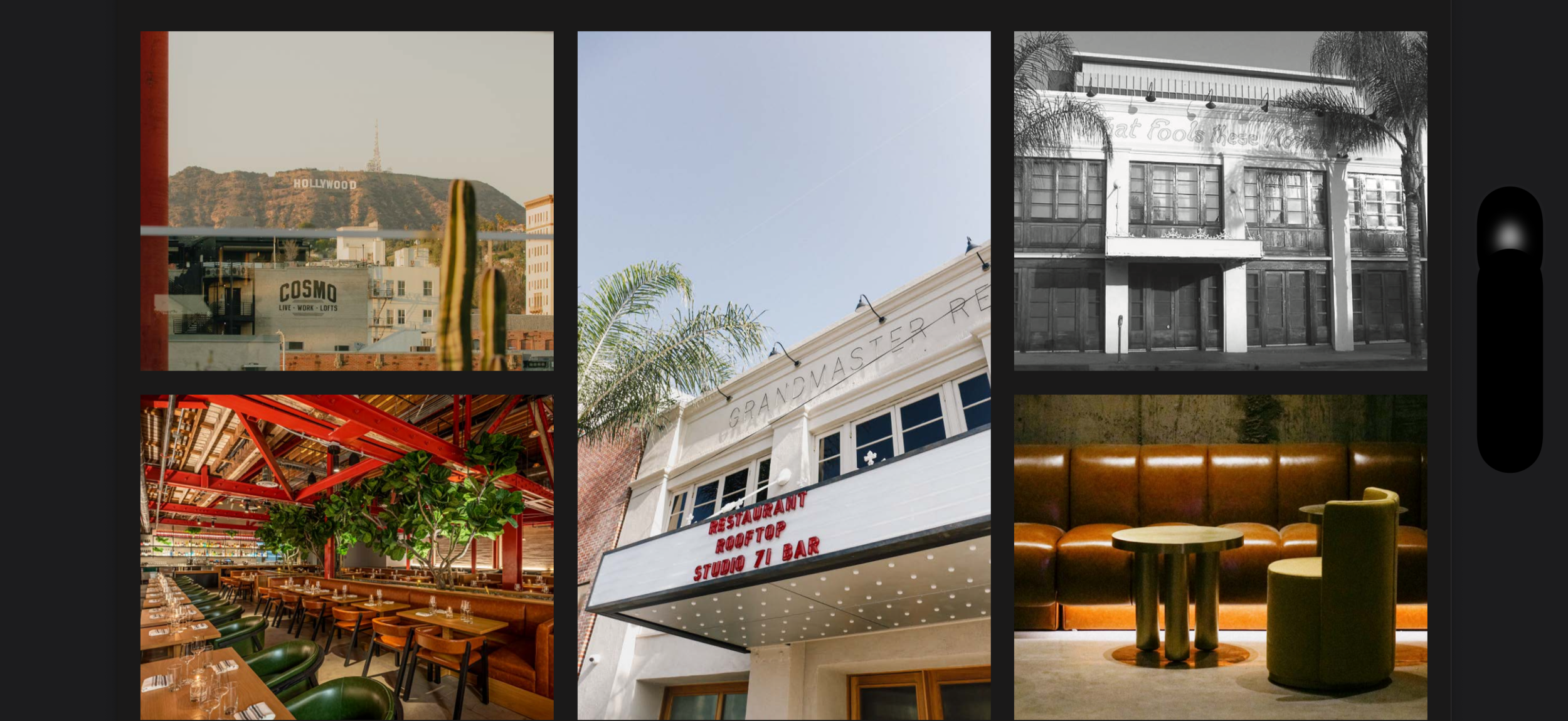 Collage of six photos featuring Los Angeles landmarks, a restaurant exterior, an interior dining area, an indoor bar, and a black-and-white building exterior.