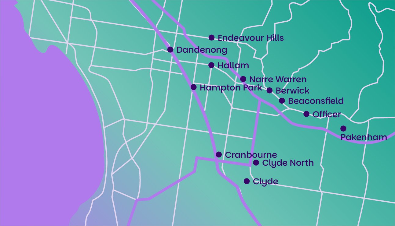 Map showing train or subway stations with station names including Endeavour Hills, Dandenong, Hallam, Narre Warren, Hampton Park, Berwick, Beaconsfield, Officer, Pakenham, Cranbourne, Clyde North, and Clyde.