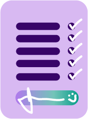 A purple checklist with five items and check marks next to each, and a small smiling face icon at the bottom.