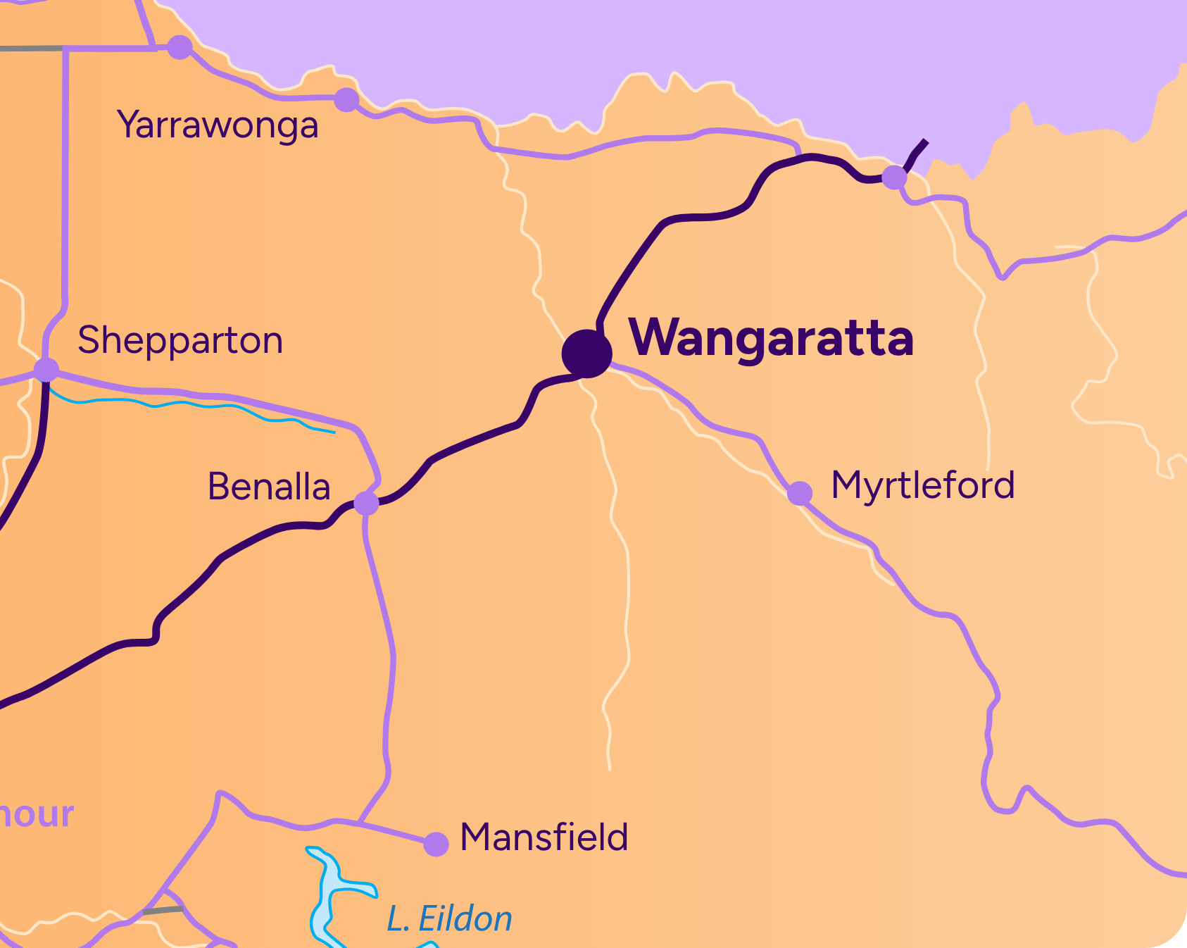 Map showing towns in Australia, including Wangaratta, Shepparton, Benalla, Mansfield, and Myrtleford, with connecting roads and railways.