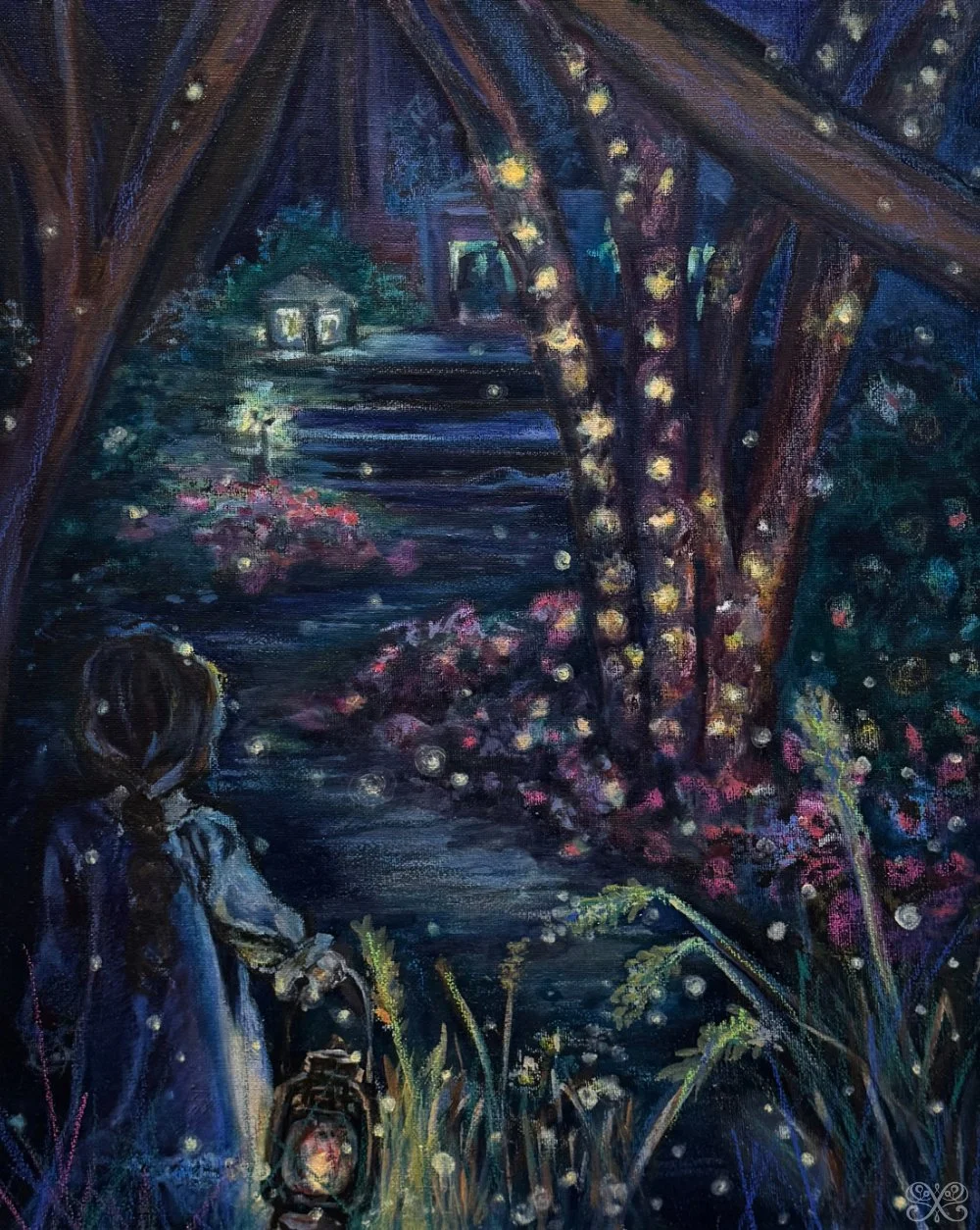 A painting of a night scene with a girl in a dress and pigtails holding a lantern, standing on a grassy path surrounded by flowers and trees with glowing lights, leading up to a house with lit windows.